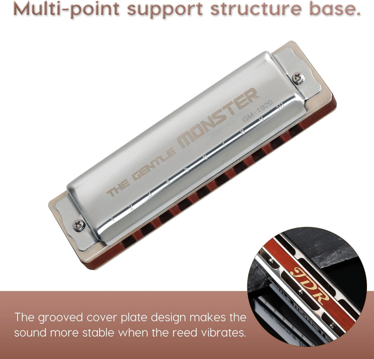 JDR Blues Harmonica Key of C Gentle Monster, GM1920 Wood Blues Armonica 10 Hole Compromise Tuning Harp for Adults Professional Beginners Mouth Organ with Case
