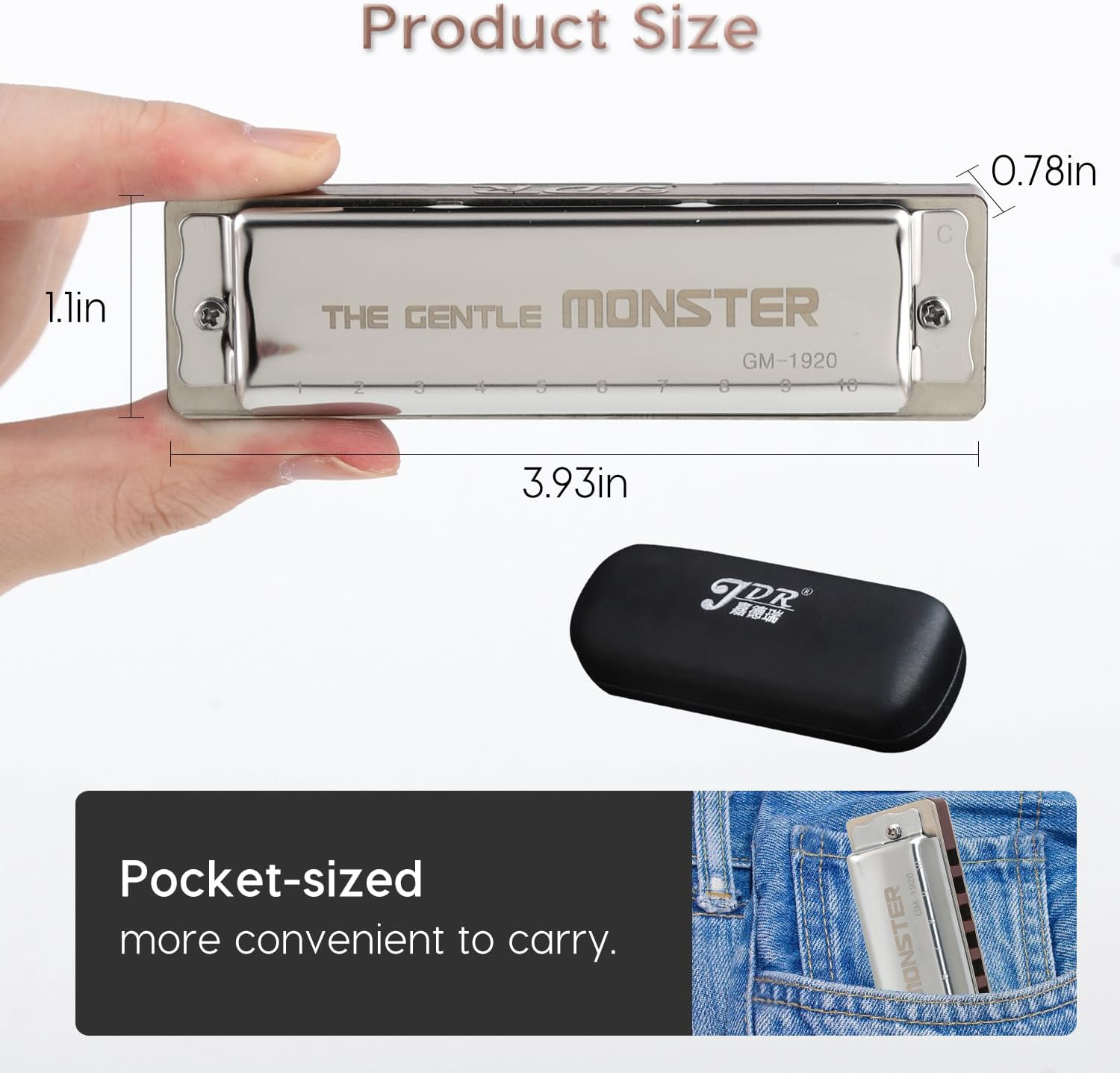 JDR Blues Harmonica Key of C Gentle Monster, GM1920 Wood Blues Armonica 10 Hole Compromise Tuning Harp for Adults Professional Beginners Mouth Organ with Case