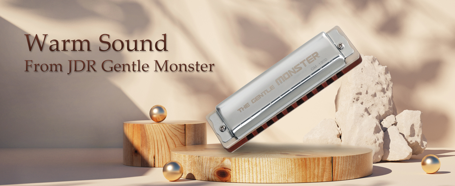 JDR Blues Harmonica Key of C Gentle Monster, GM1920 Wood Blues Armonica 10 Hole Compromise Tuning Harp for Adults Professional Beginners Mouth Organ with Case