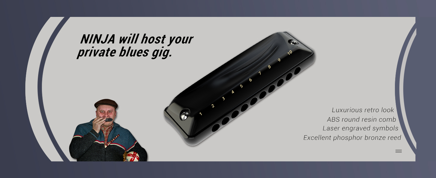 JDR Harmonica Key of C Ninja, Blues Mini Harp 10 Holes 20 Tones Musical with Case for Adults Kids Beginners Teacher Professional Students Musician Folk Rock Standard Diatonic Mouth Organ Black
