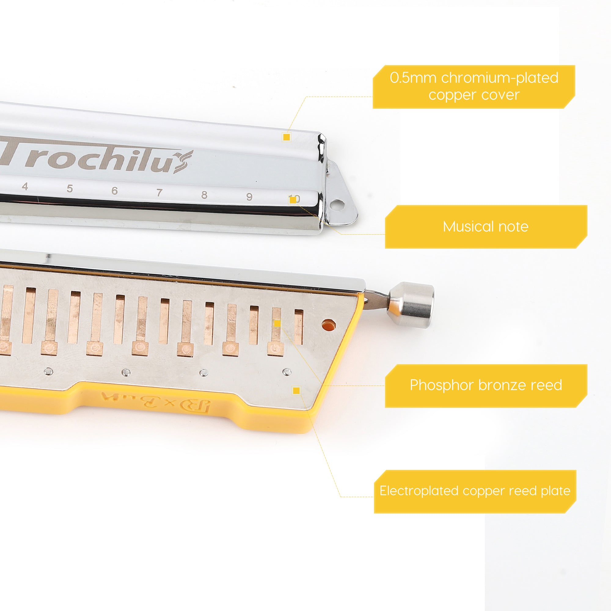 JDR Trochilus Chromatic Harmonica 10 Holes Chromonica Key of C Armonica Valveless Harp Mouth Organ with Case for Adults Professionals Beginners Teachers Students (Chromatic/Solo Tuning Key of C)
