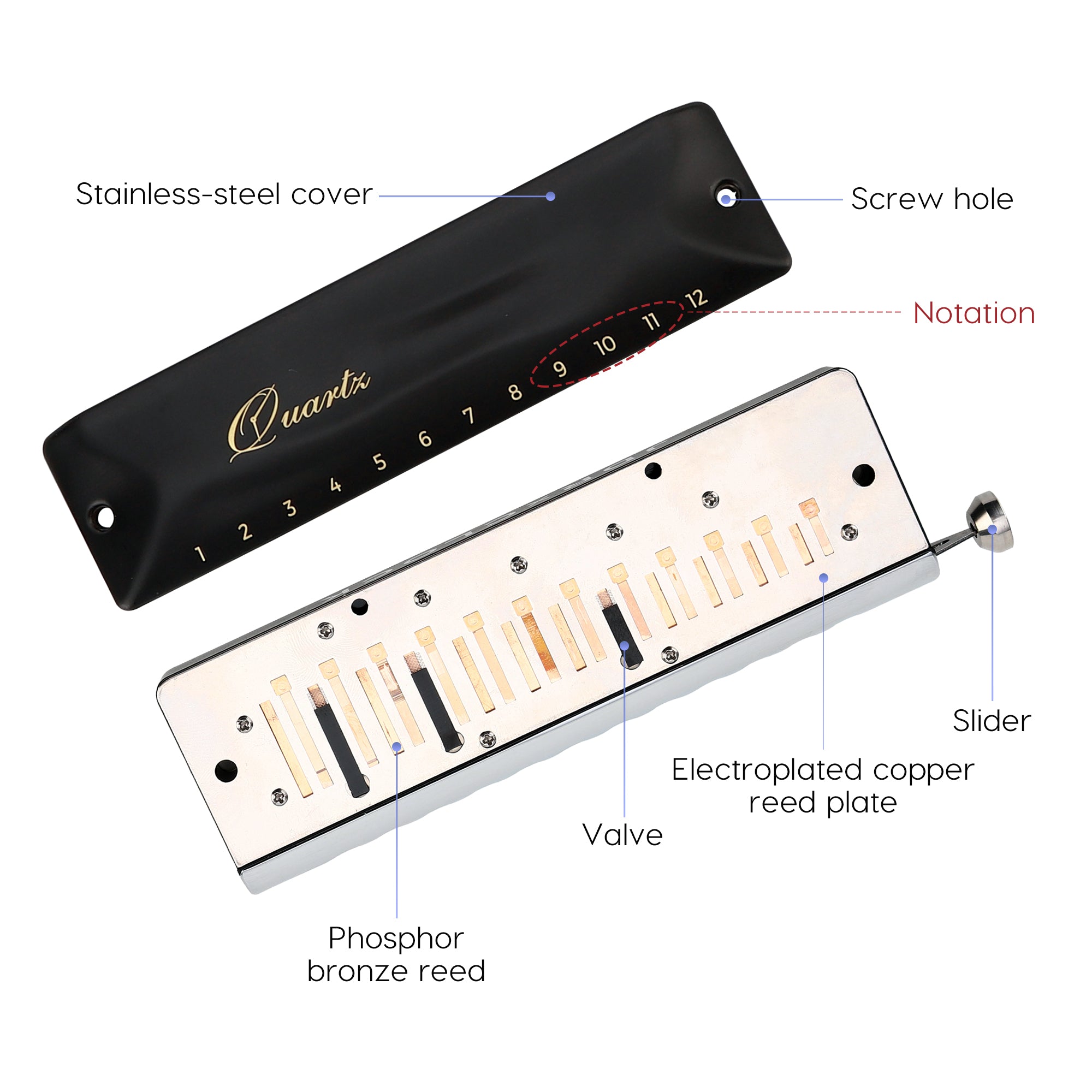 JDR Quartz Chromatic Harmonica C Key 12 Holes 48 Tones Chromonica Half Valves Easy Bending No Sticky Valves Mouth Organ Harp for Kids Beginner Adults Professional Player Parents