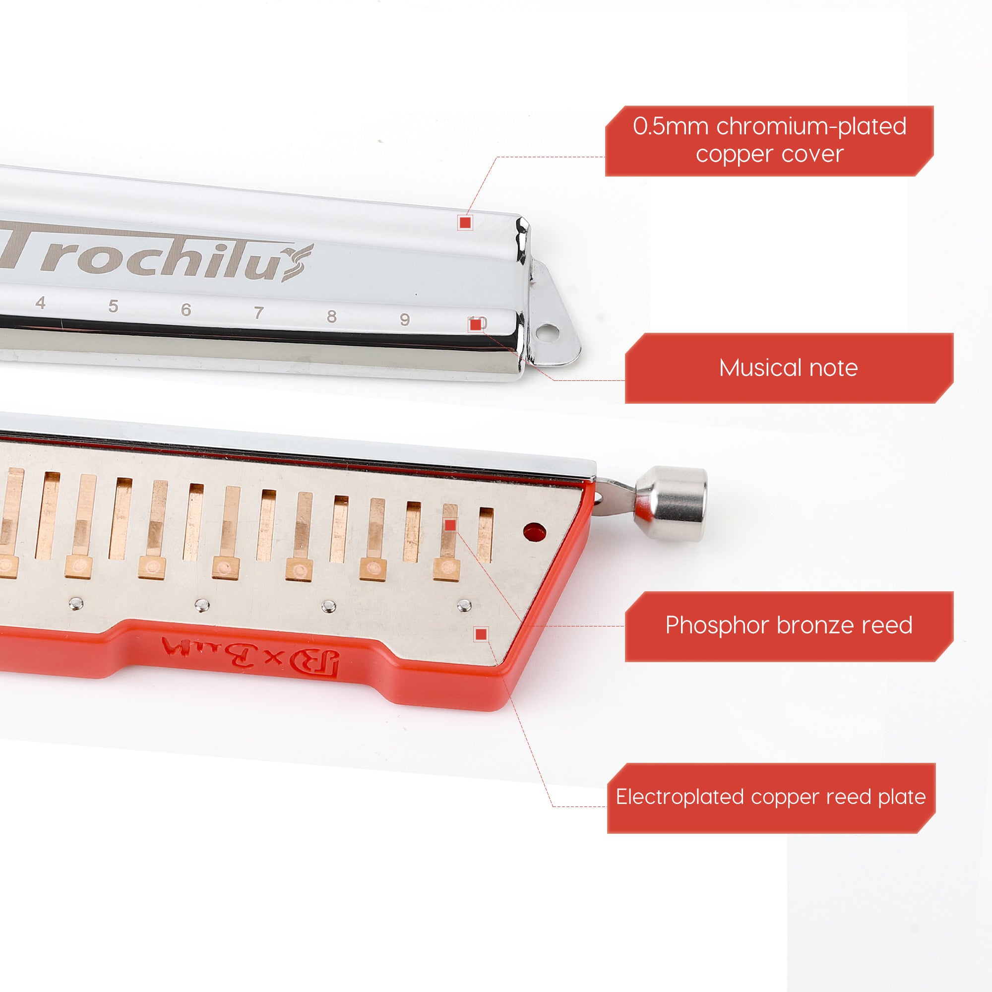 JDR Trochilus Chromatic Harmonica 10 Holes Chromonica Key of C Armonica Valveless Harp Mouth Organ with Case for Adults Professionals Beginners Teachers Students (Chromatic/Solo Tuning Key of C)