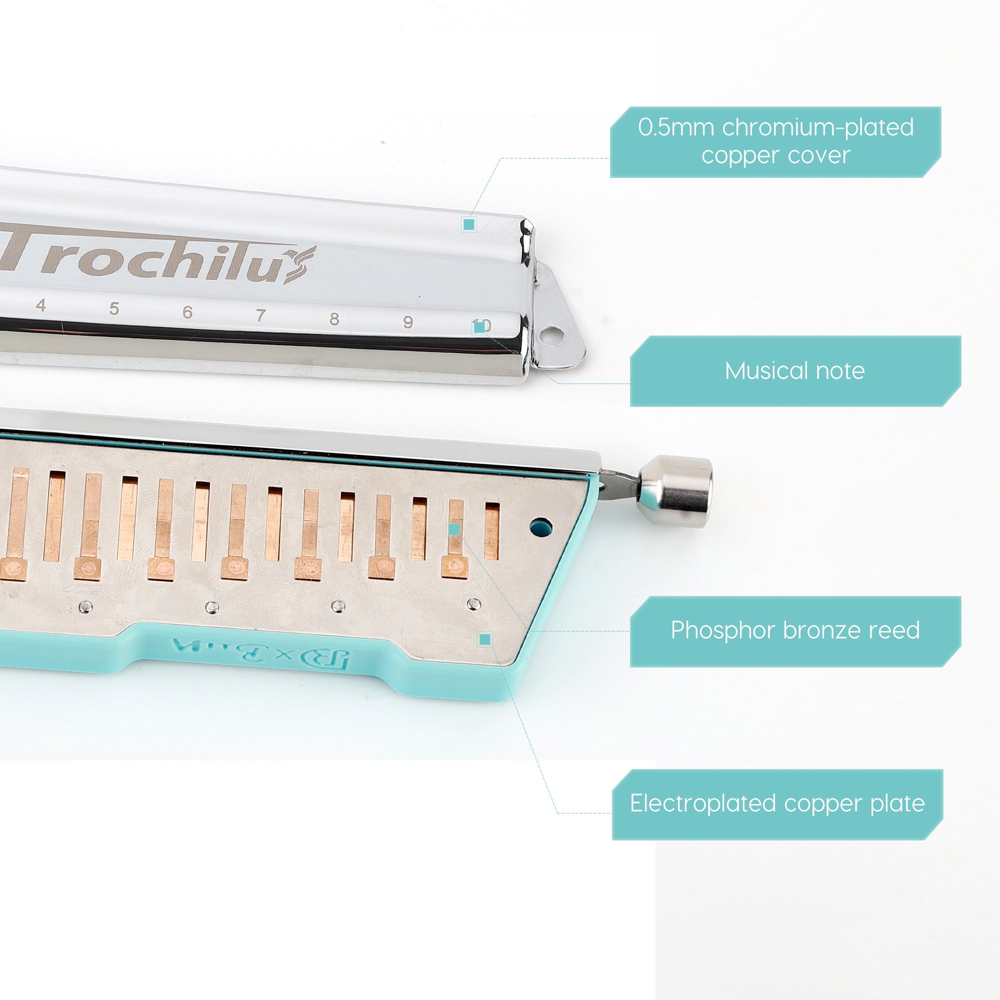 JDR Trochilus Chromatic Harmonica 10 Holes Chromonica Key of C Armonica Valveless Harp Mouth Organ with Case for Adults Professionals Beginners Teachers Students (Chromatic/Solo Tuning Key of C)