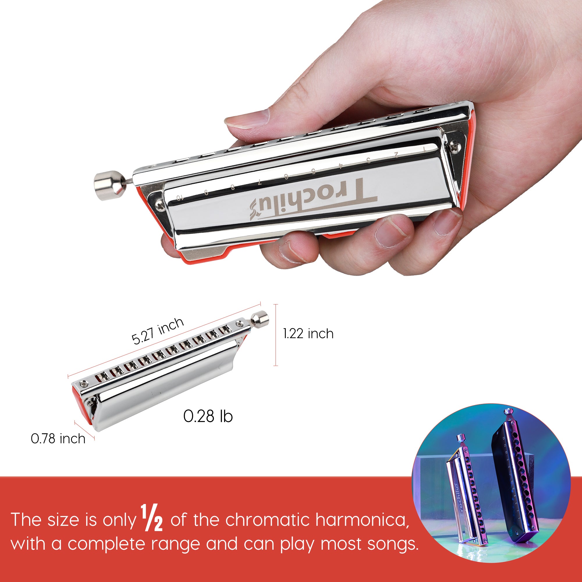 JDR Trochilus Chromatic Harmonica 10 Holes Chromonica Key of C Armonica Valveless Harp Mouth Organ with Case for Adults Professionals Beginners Teachers Students (Chromatic/Solo Tuning Key of C)