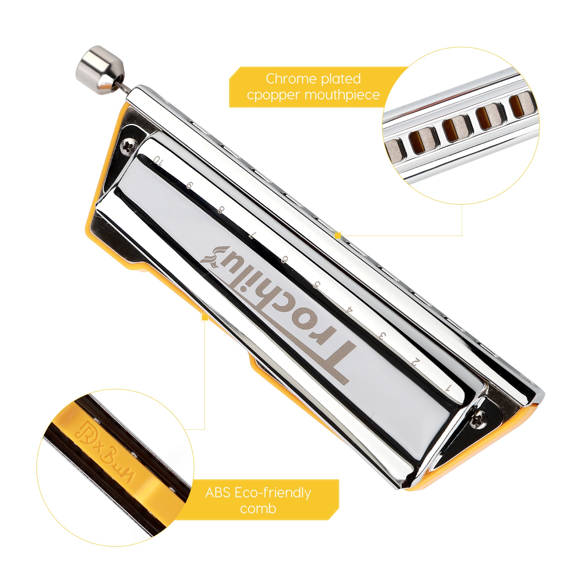 JDR Trochilus Chromatic Harmonica 10 Holes Chromonica Key of C Armonica Valveless Harp Mouth Organ with Case for Adults Professionals Beginners Teachers Students (Chromatic/Solo Tuning Key of C)