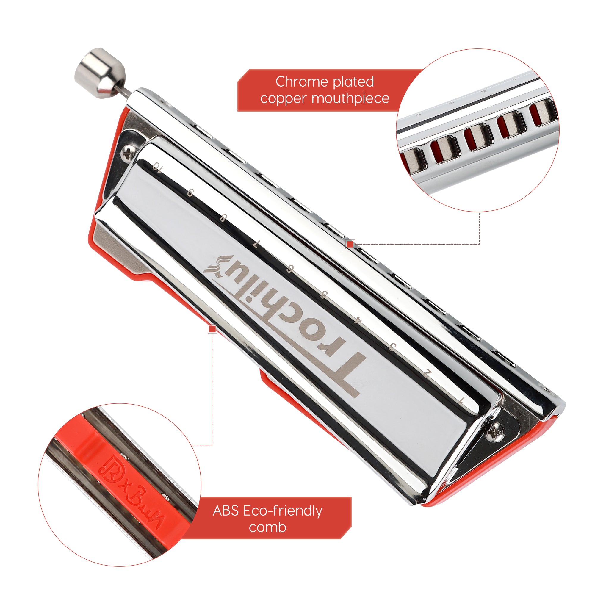 JDR Trochilus Chromatic Harmonica 10 Holes Chromonica Key of C Armonica Valveless Harp Mouth Organ with Case for Adults Professionals Beginners Teachers Students (Chromatic/Solo Tuning Key of C)