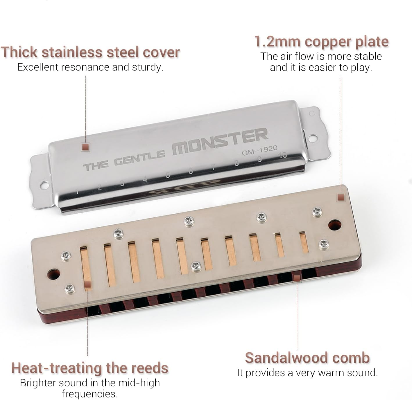 JDR Blues Harmonica Key of C Gentle Monster, GM1920 Wood Blues Armonica 10 Hole Compromise Tuning Harp for Adults Professional Beginners Mouth Organ with Case