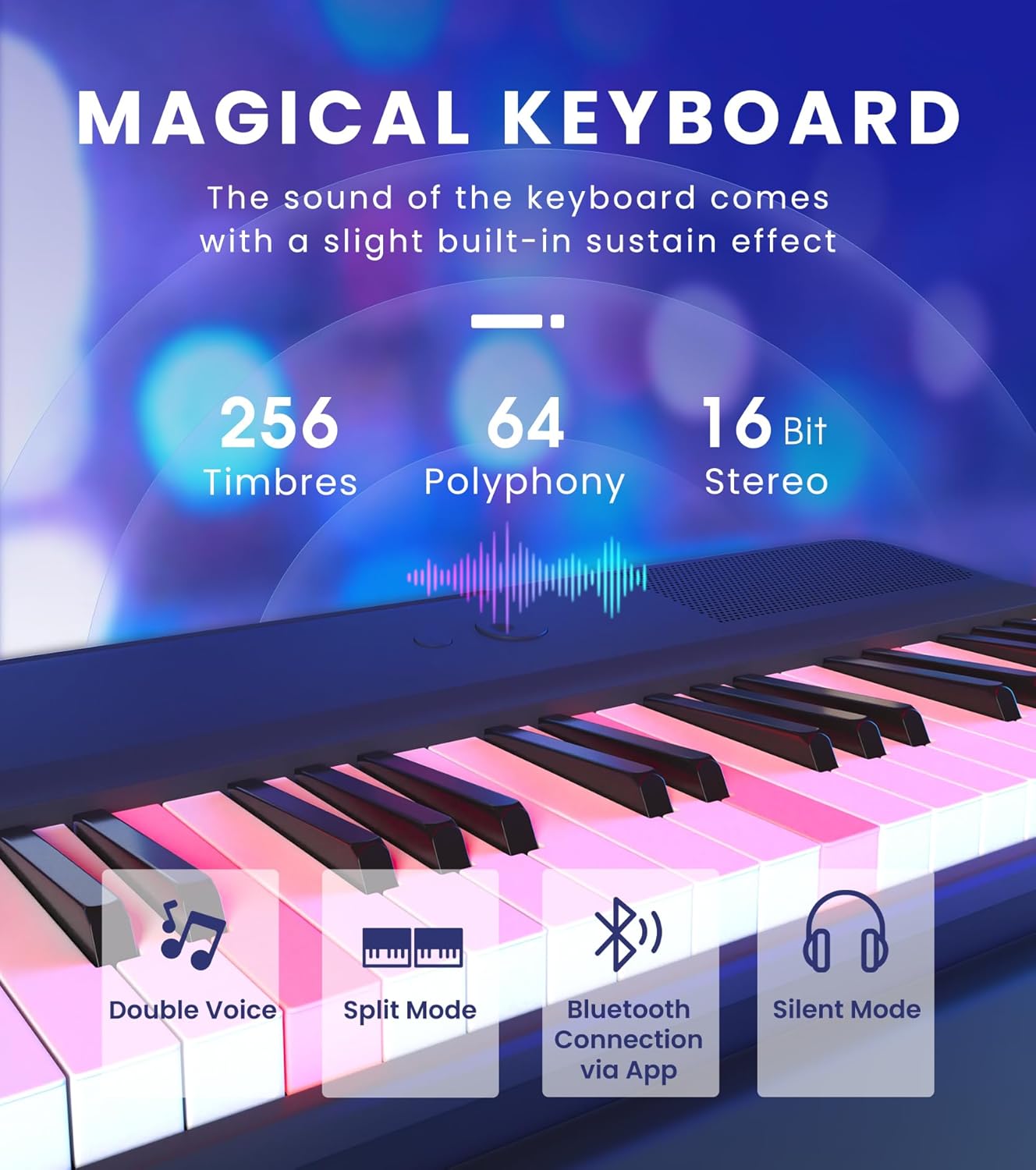 The ONE Smart Keyboard COLOR 61 Keys Piano Keyboard, Music Keyboard with 256 Timbres, 64 Polyphony, 6 Speakers, Built-in LED Lights and Free Apps